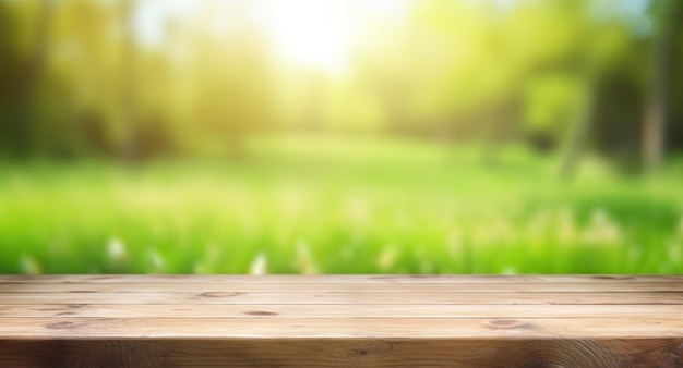 Empty wooden table top in front of Beautiful spring background minimalist product mockup concept Generative AI