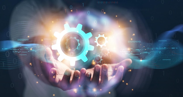 Engineer manager shows intelligent industrial system with software and digital manufacturing