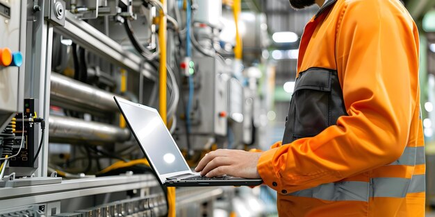 Engineer uses laptop to control large automated machine with programmable logic controller Concept Automated Machines Programmable Logic Controllers Technology in Engineering