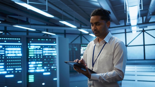 Engineer walking in data center monitoring security threats