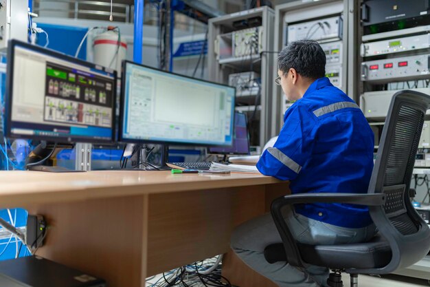 Engineer working at control room In large industrial plantsManager control systemTechnician man monitoring program from a lot of monitorConcept Industry