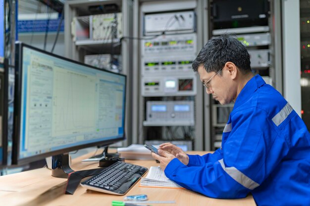 Engineer working at control room In large industrial plantsManager control systemTechnician man monitoring program from a lot of monitorConcept Industry