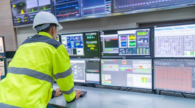Engineer working at control roomManager control systemTechnician man monitoring program from a lot of monitor