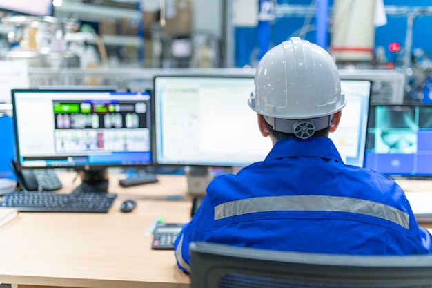 Engineer working at control roomManager control systemTechnician man monitoring program from a lot of monitor