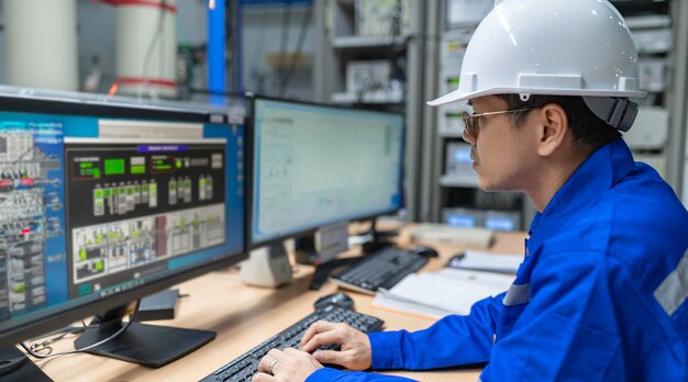 Engineer working at control roomManager control systemTechnician man monitoring program from a lot of monitor