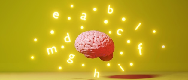 english learning foreign language fluency improvement study human brain yellow background 3d rendering memory education