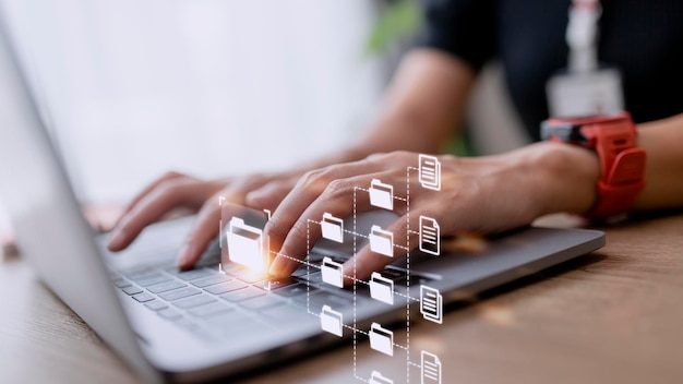 entrepreneurs are managing data on their laptopsdocument management concept online big data documentation database