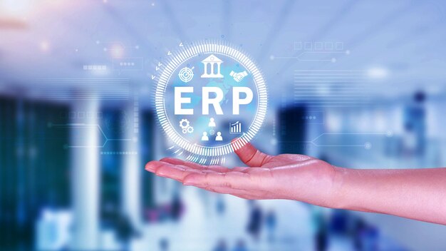 ERP Concept Enterprise resource planning concept analyzing ERP system on virtual screen Connections between business intelligence HR and CRM modules