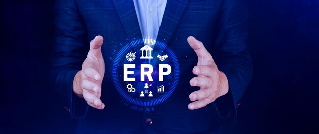 ERP Concept Enterprise resource planning concept analyzing ERP system on virtual screen Connections between business intelligence HR and CRM modules
