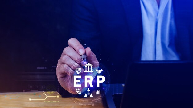 ERP Concept Enterprise resource planning concept analyzing ERP system on virtual screen Connections between business intelligence HR and CRM modules