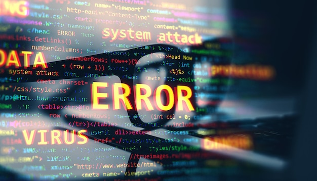 error message with colorful code displayed on a blurry screen background reflecting a cybersecurity concept