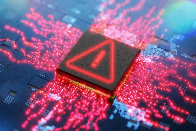 Error warning sign notification and concept of danger and error in the system Personal data protection system notification Hacker attack Virus attack DDoS attacks Spy program 3D render
