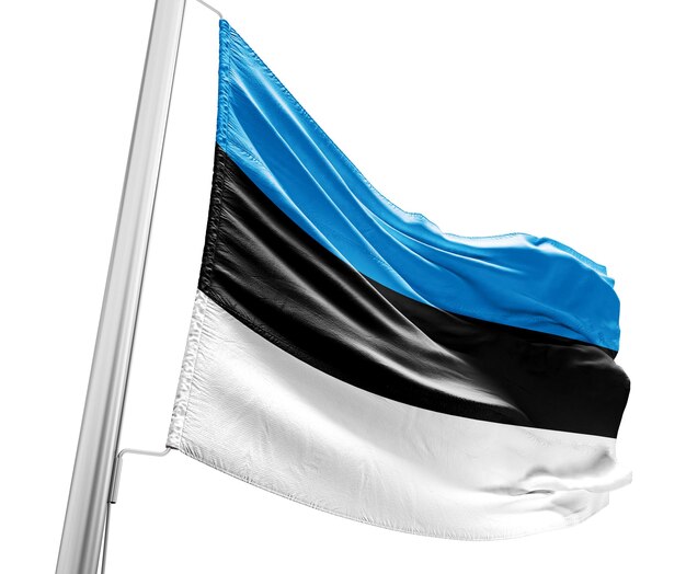 Estonia waving flag with mast on white background with cutout path