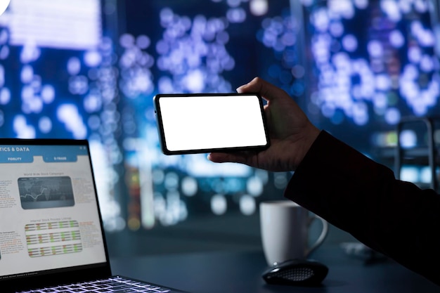 Expert accountant uses blank copyspace display on phone