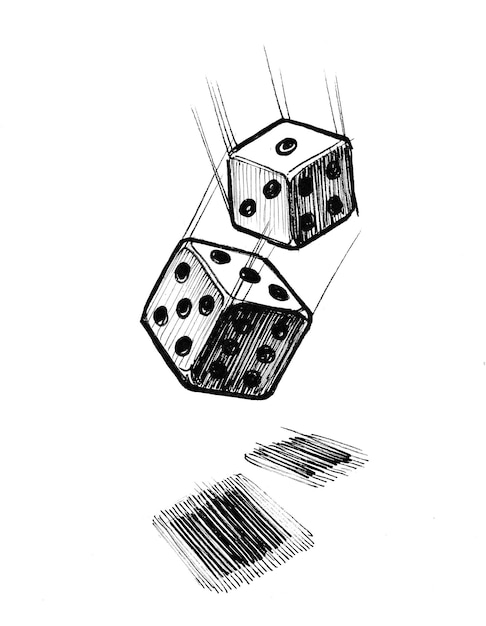 Falling dice cubes. Ink black and white drawing