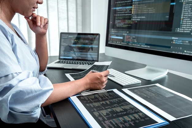 Female Developer programmer working on coding program software computer, Writing website and development database technology in office.