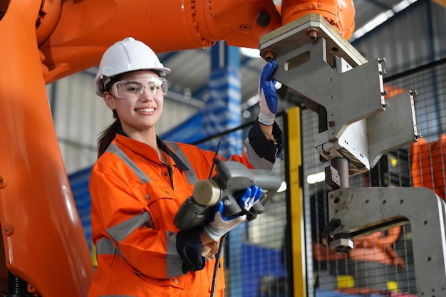 Female Engineer check and control automation robot arms machine in intelligent factory industrial on real time monitoring system software robotics and digital manufacturing operation