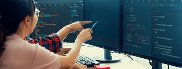 female programer explain while pointing code displayed on computer professional programmer present data analysis and writing java script at modern company office closeup burgeoning