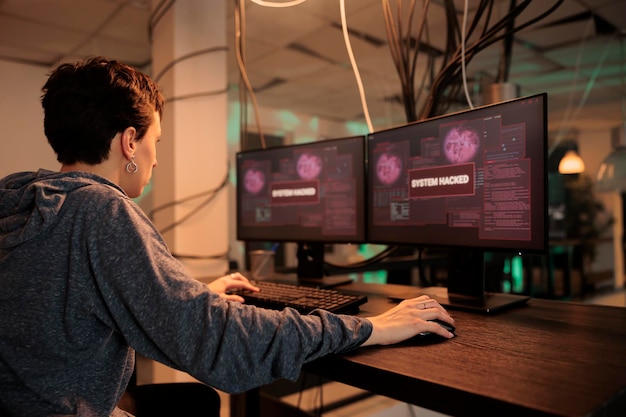 Female spy hacking computer system with trojan virus