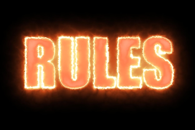 Fiery text spelling RULES on a black background