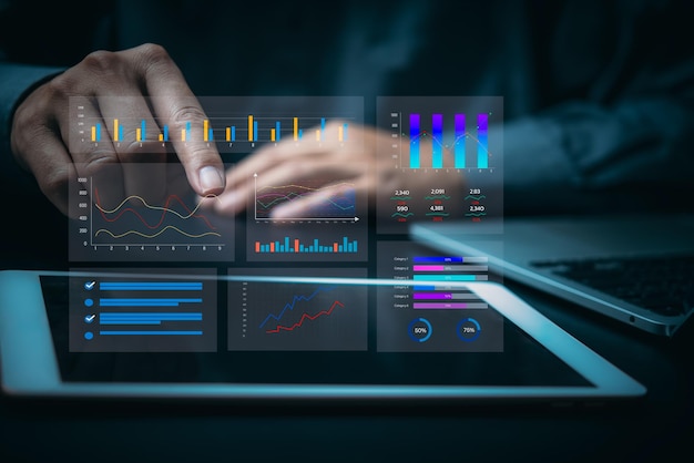 financial charts and graph analysis marketing floating above digital screen tablet business kpi dashboard strategy for growth and success on virtual screen