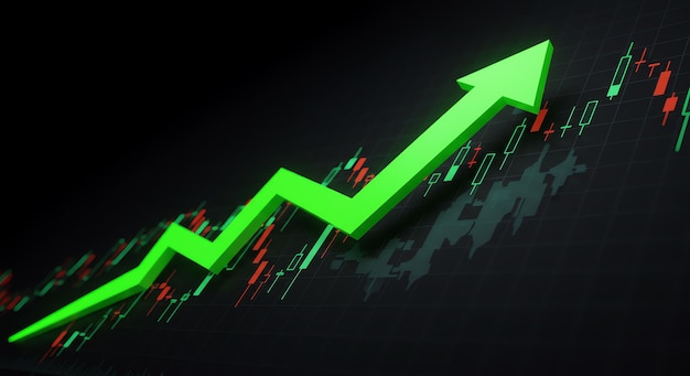 Financial market growth represented by a rising green arrow