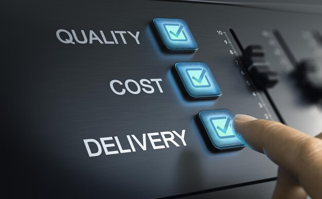 Finger pushing a button on a console Operational management Quality cost and delivery