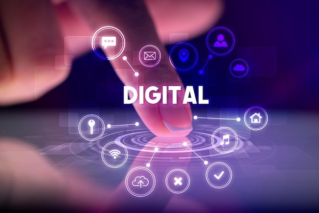 Finger touching tablet with web technology icons concept