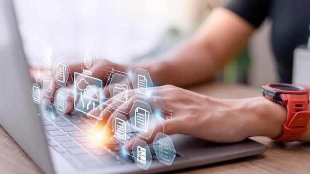 Fingerprint scanning and biometric authentication system for document management DMS software that automates the archiving and management of data files concept of Internet technology