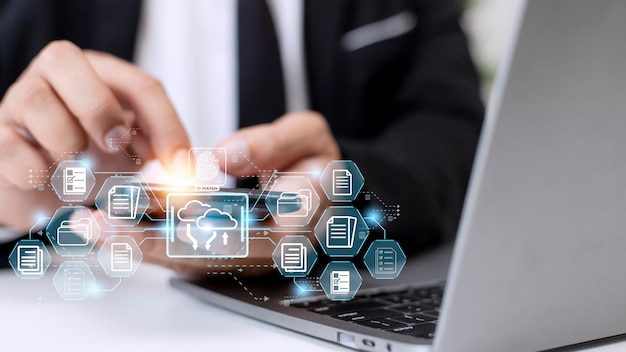 Fingerprint scanning and biometric authentication system for document management DMS software that automates the archiving and management of data files concept of Internet technology