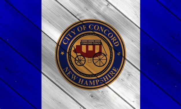 Flag of the city of Concord New Hampshire USA on a background of a wooden fence Conceptual collage