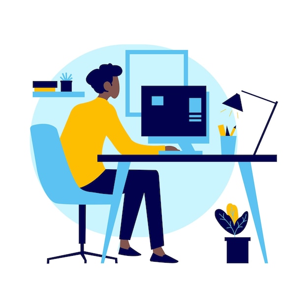 Flat Design Illustration of Black Man Employee Working with Computer at Office