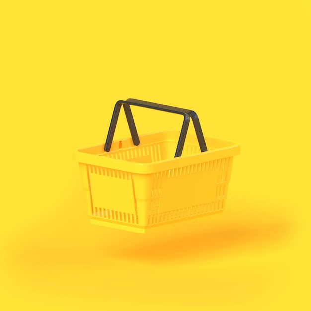 Flying red empty shopping basket on yellow background 3D render illustration