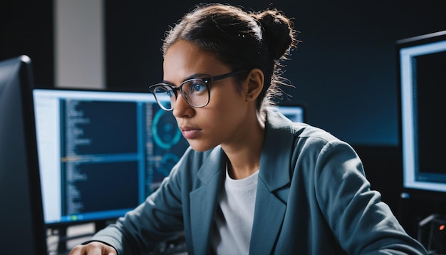 Focused woman Programmer Working on Code at a Modern Office Desk