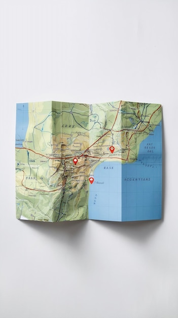 Folded paper map with two red pointers set on route isolated on white background