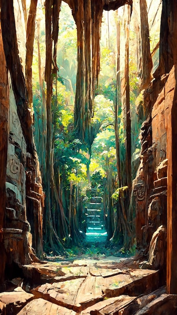 Forest Mayan style door background 3D illustration