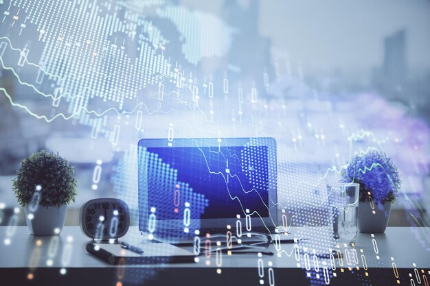 forex chart hologram on table with computer background multi exposure concept of financial markets