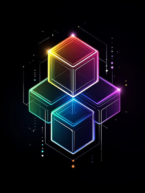 four glowing colorful cubes arranged in a cross shape against a dark background with a circuit board design behind them