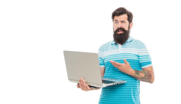 Freelancer man on background copy space photo of freelancer man work on laptop freelancer man isolated on white freelancer man in studio