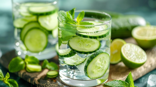 Fresh cucumber slices and mint in water glass