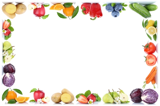 Fruits and vegetables copyspace frame isolated apple orange bell pepper tomatoes fruit