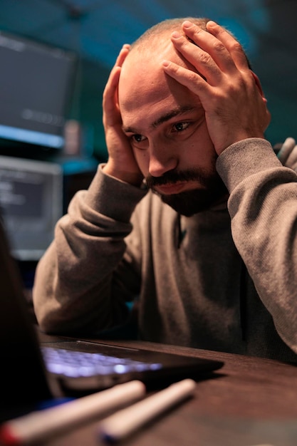 frustrated tired developer programming server database, feeling stressed about artificial intelligence failure at night. overworked programmer feeling sad working with html it code, workload.