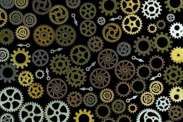 Full frame shot of various gears over black background