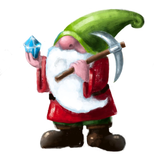 Funny little gnome with sledgehammer and diamond hand drawn illustration watercolor pencils clipart