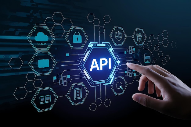 Futuristic 4K Hand Interacting with Glowing API Interface Hexagonal Icons