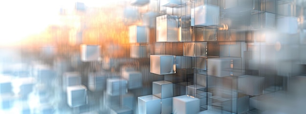 Futuristic Abstract Background with Metallic Cubes in Digital 3D Space with Highlighted Edges