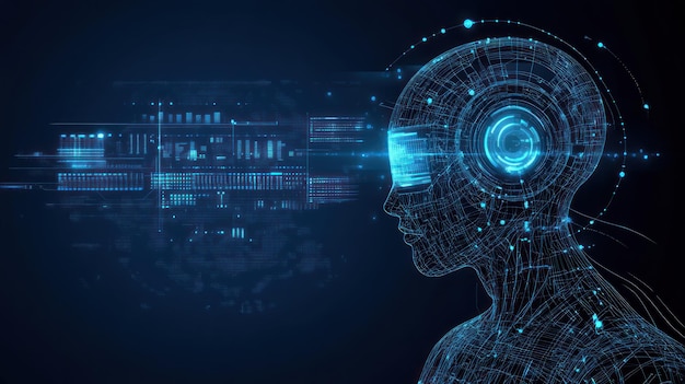 Futuristic AI humanoid head with glowing digital data streams and HUD