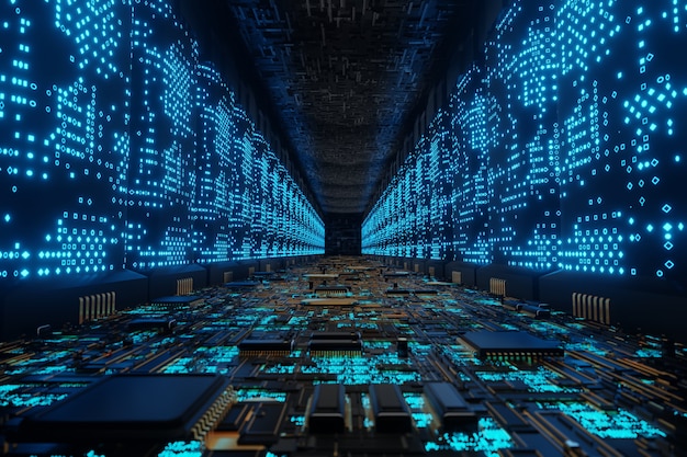 Futuristic alien Supercomputer Connection Network Data Center 3d rendered