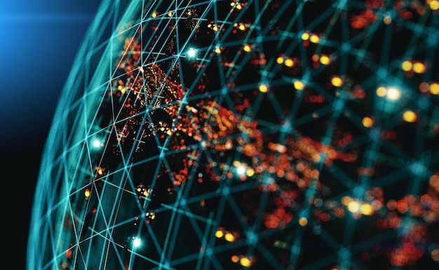 Futuristic background with planet Earth and space.World map and city lights. Global social network.