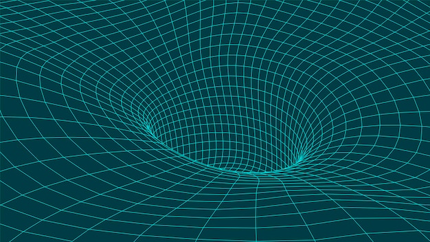 futuristic blue funnel wireframe space travel tunnel abstract blue wormhole with surface warp vector illustration